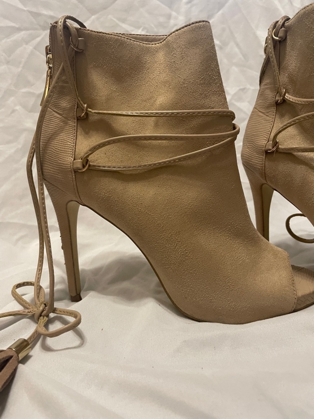 bebe Tan Suede Peep-Toe Lace-Up Ankle Booties
